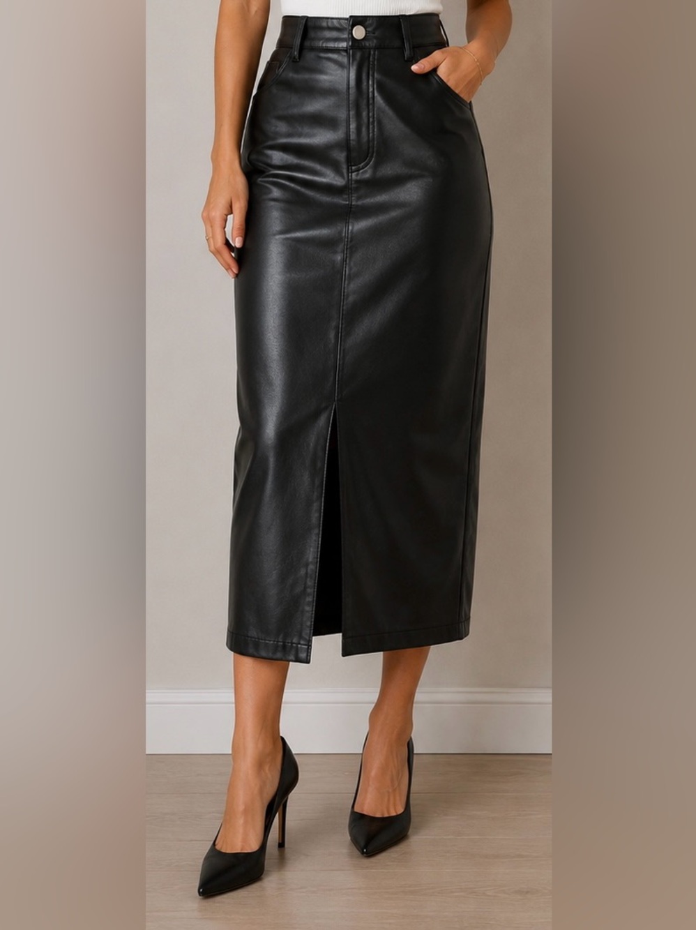 7 For All Mankind Black Faux Leather Midi Pencil Skirt with Front Slit size XS